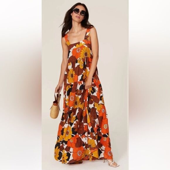 New DODO BAR OR Lima Square-neck Floral-print Dress In Flower 3 Blue Small - Picture 7 of 15